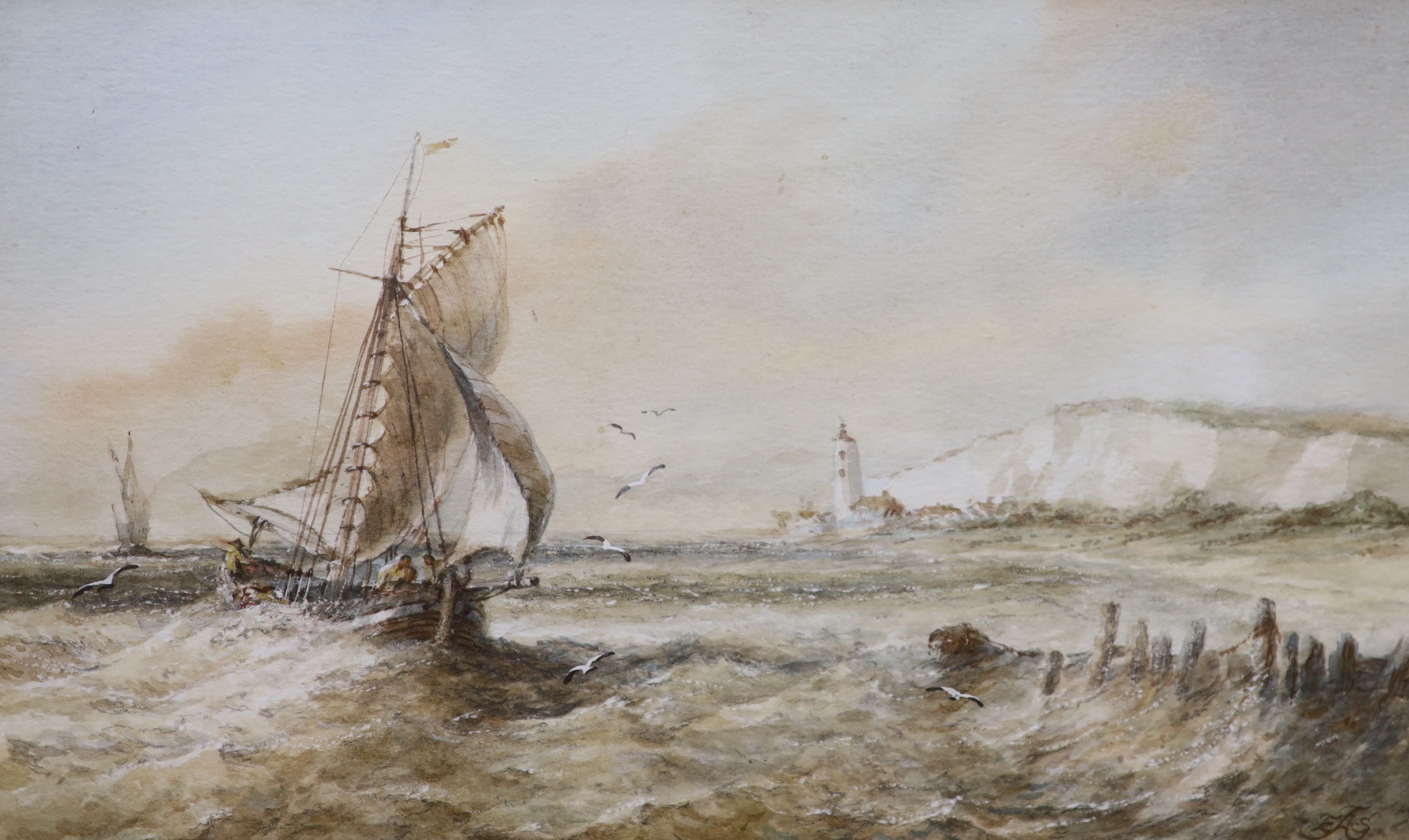 EAS c.1900, watercolour, Fishing boats off the coast, initialled, 17 x 28cm and another similar work